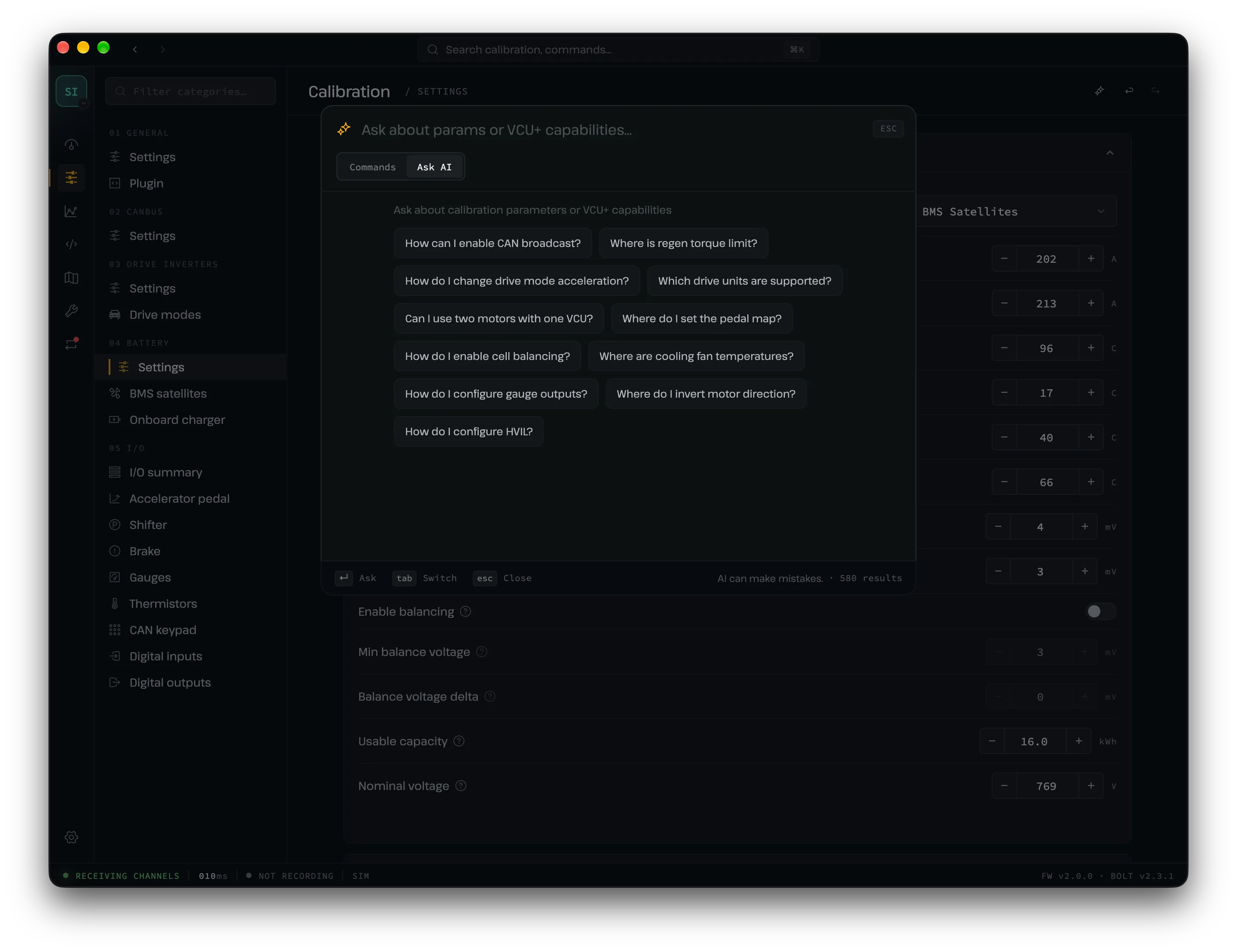 Bolt Ask AI over a calibration page, with suggested questions about CAN, regen, and cell balancing