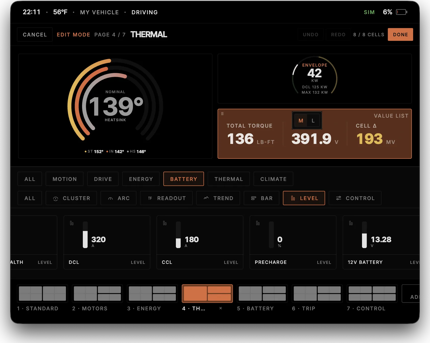 Pulse dash editor on the thermal page, placing a battery level tile