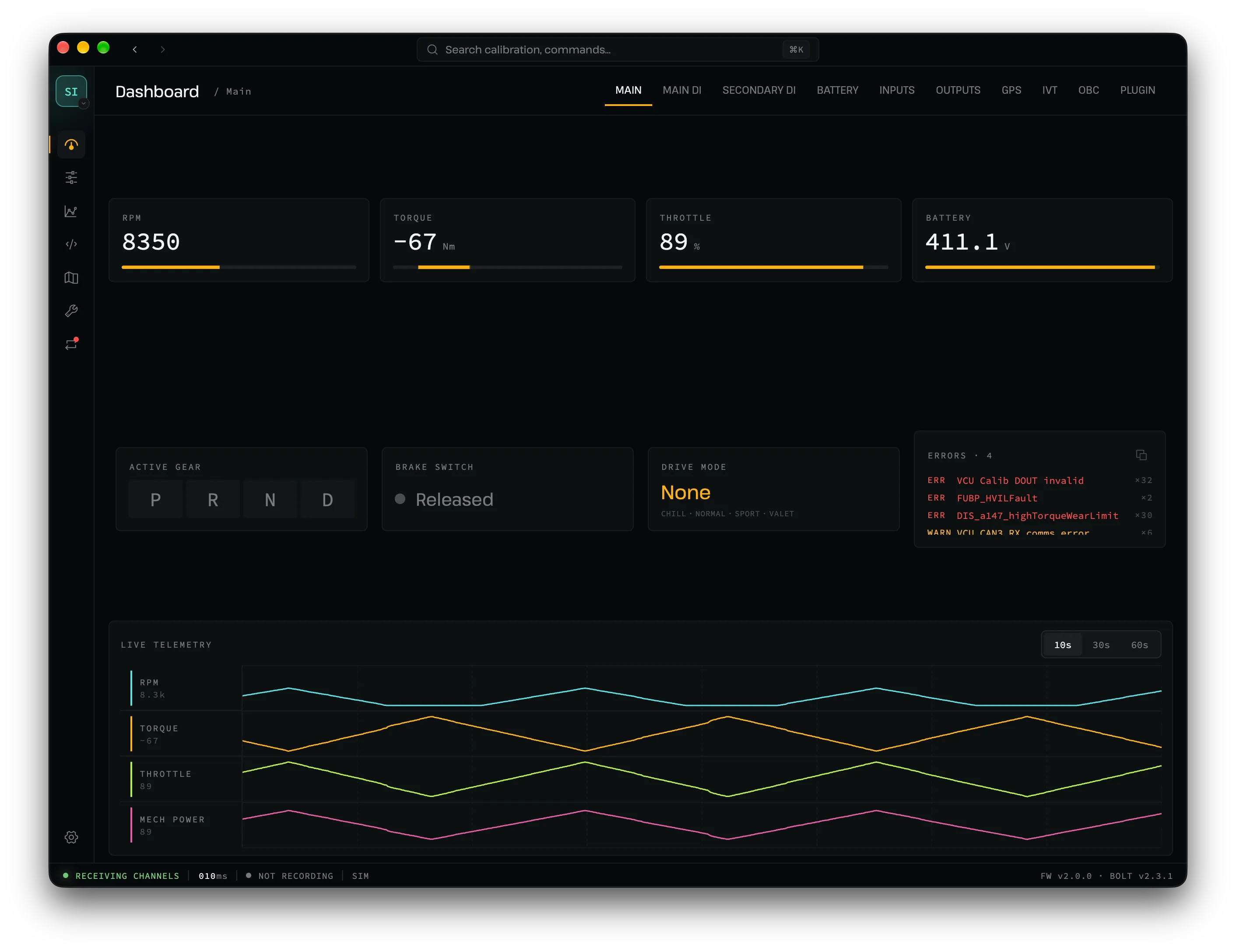 Bolt main dashboard with RPM, torque, throttle, pack voltage, drive mode, and a live telemetry chart