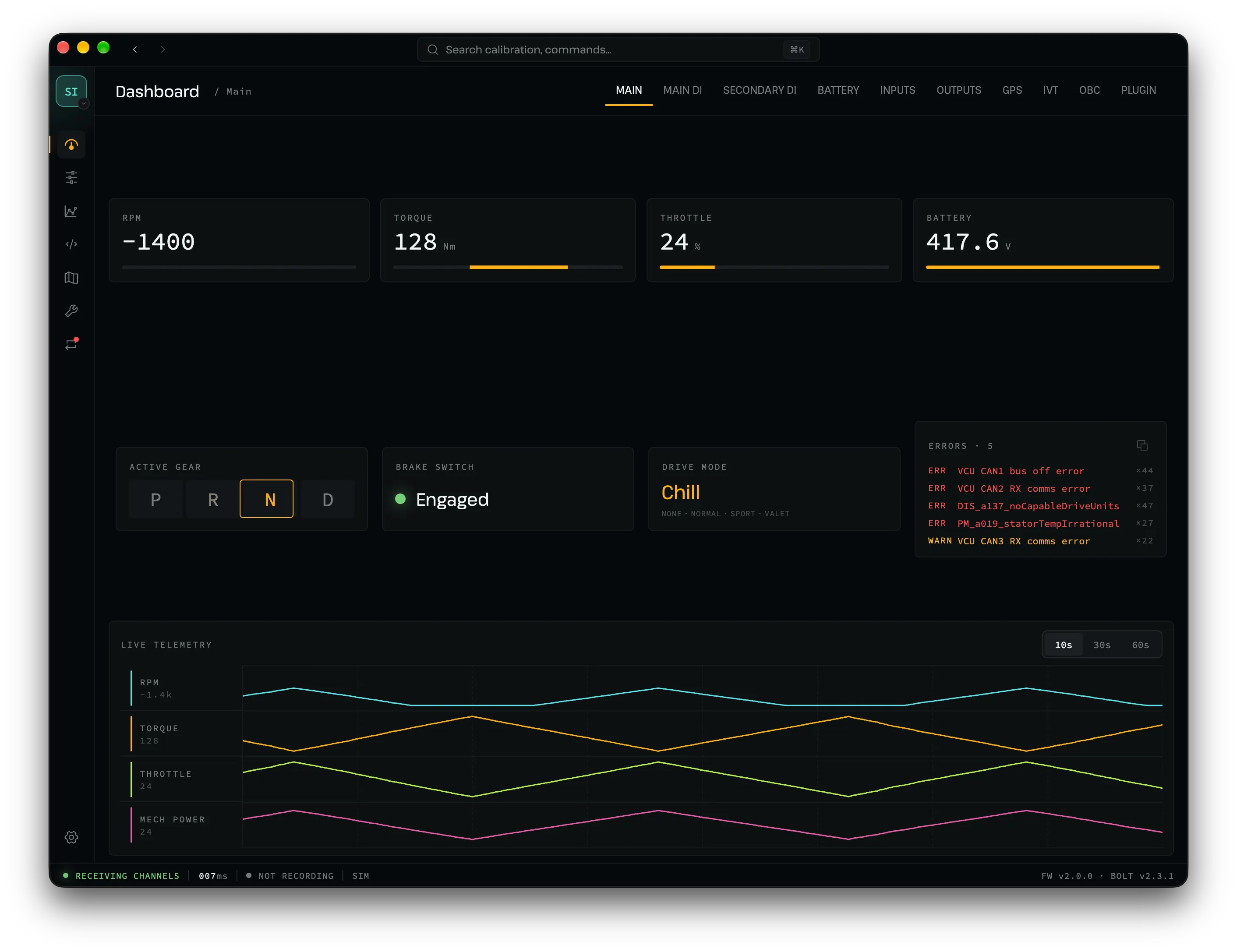 Bolt dashboard in the Deep theme, with RPM, torque, throttle, pack voltage, gear, and live telemetry