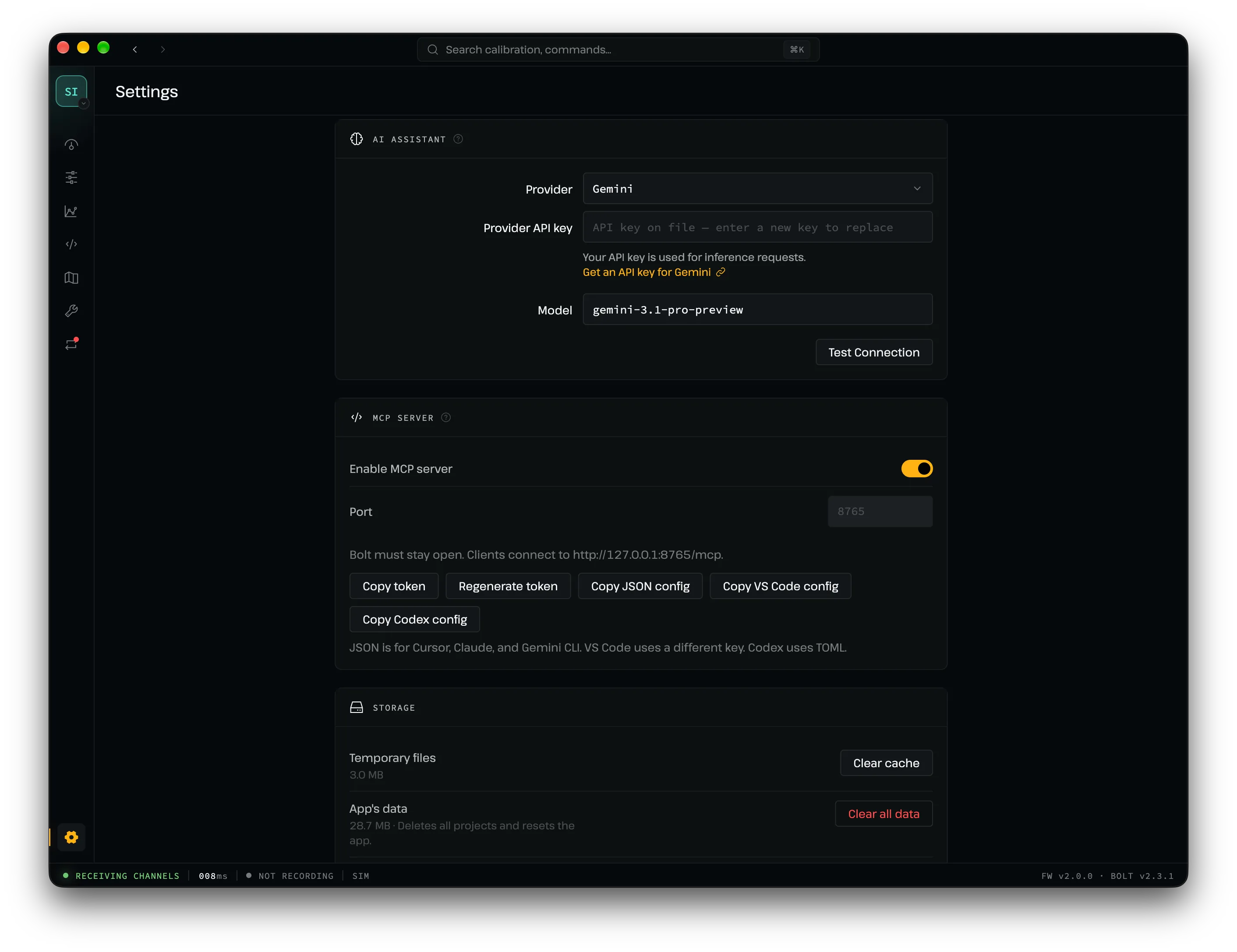 Bolt settings with the MCP server on, a local port, and buttons to copy the client config