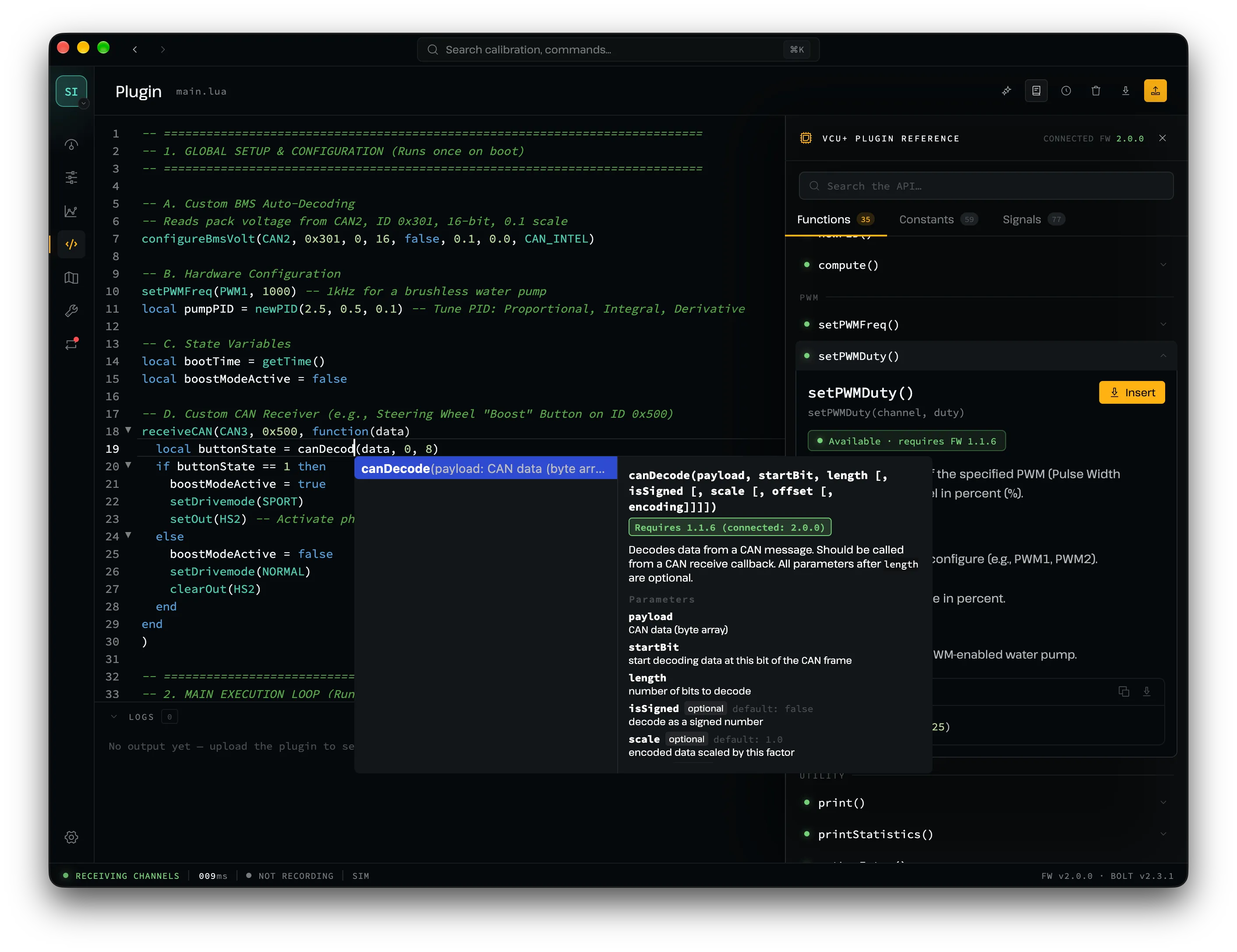 Bolt plugin editor with Lua autocomplete and the VCU+ plugin reference open