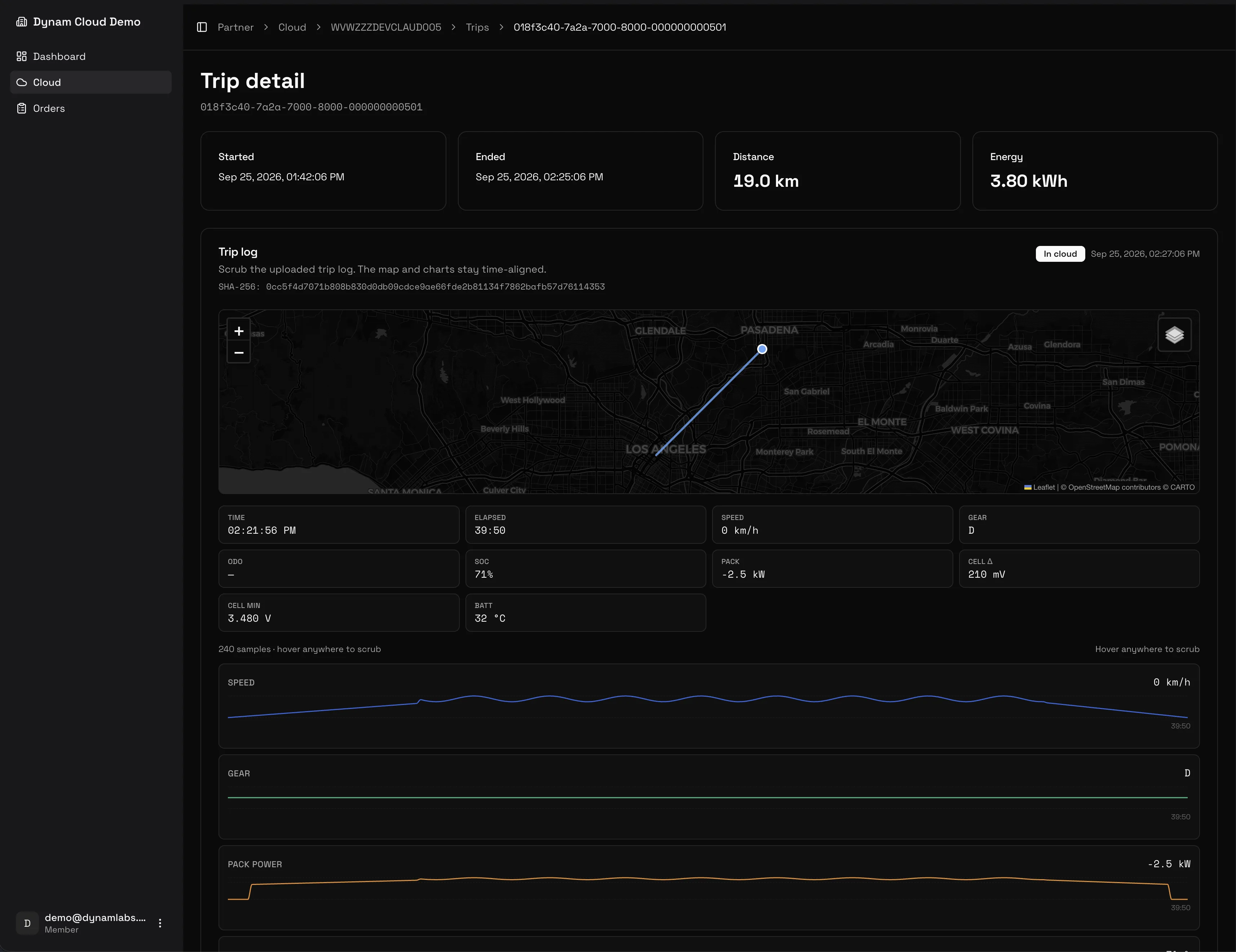 Dynam Cloud trip detail with a scrubber, the drive on the map, and speed, gear, and pack-power charts