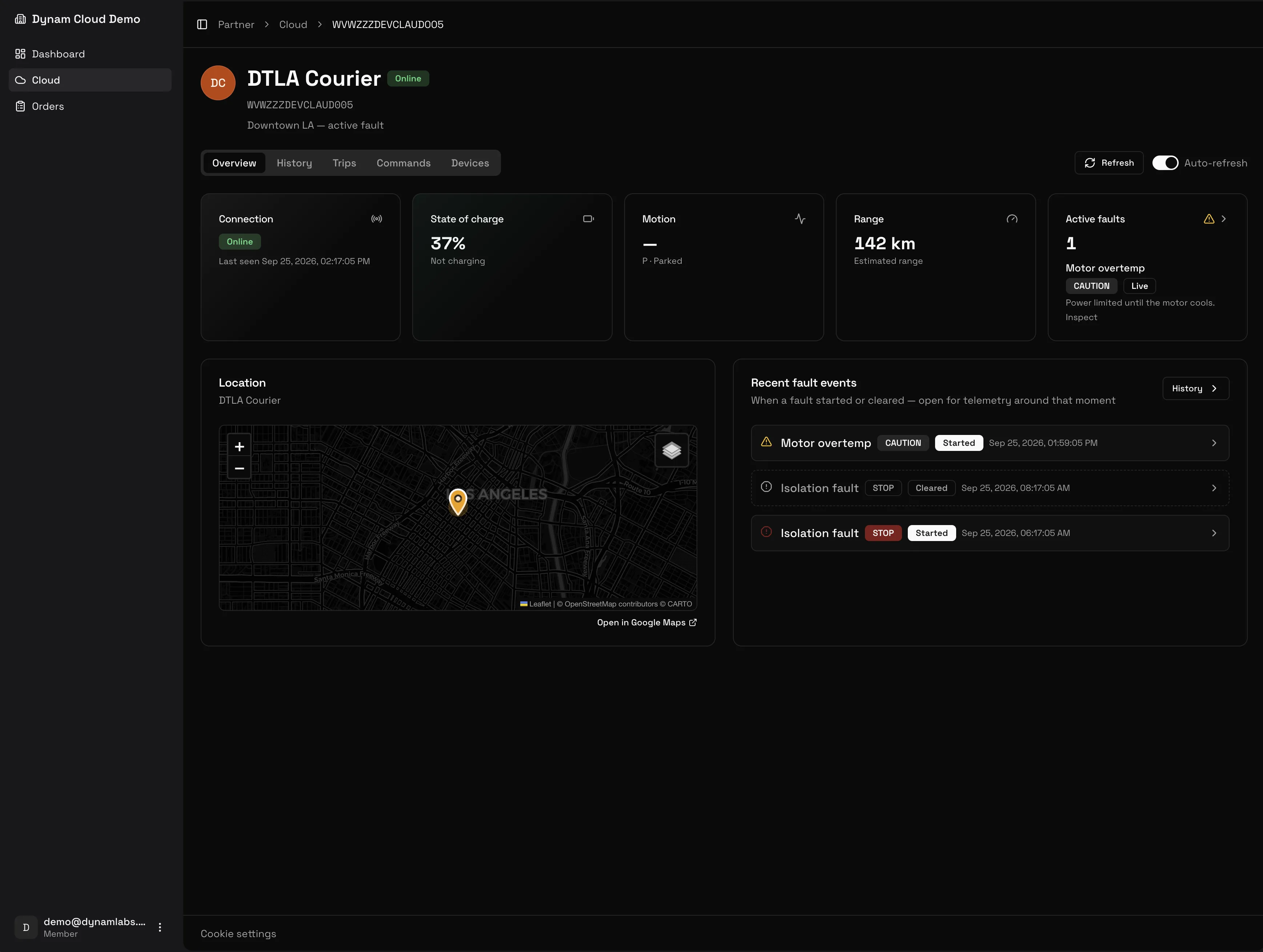Dynam Cloud vehicle overview with state of charge, location, and recent fault events