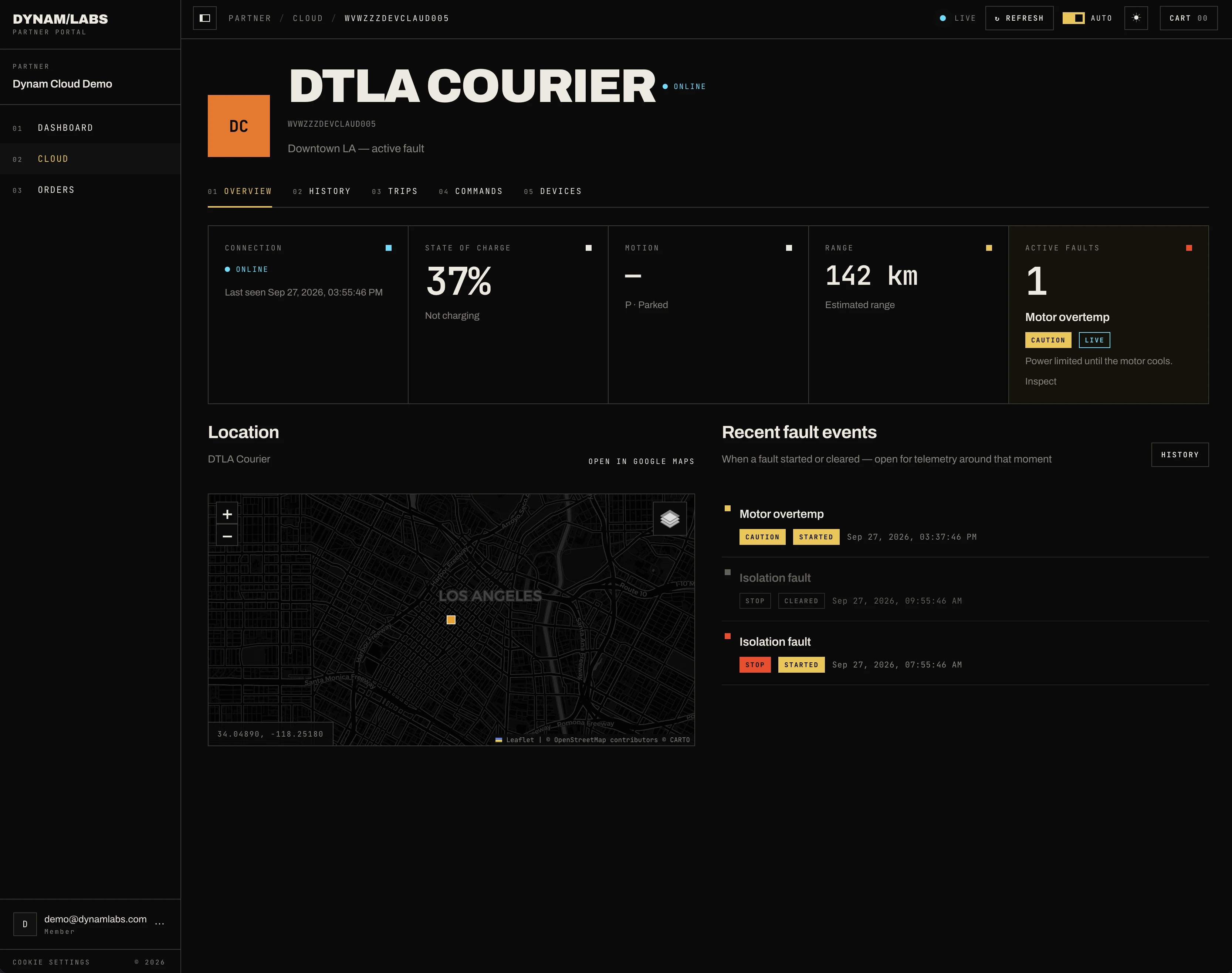 Dynam Cloud vehicle overview with state of charge, location, and recent fault events